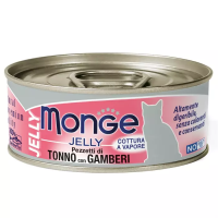 Влажный корм Monge jelly Adult cat для взрослых кошек с желтоперым тунцом и креветками, консервы 80г