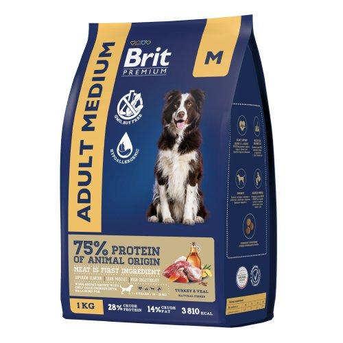 Брит Premium Dog Adult Medium с индейкой и телятиной д/взрослых собак средних пород (10–25 кг), 1 кг