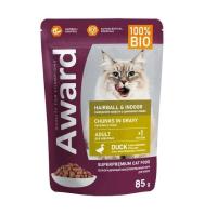 Влажный корм AWARD Hairball & Indoor д/выведения шерсти у взр. дом.кошек кусочки в соусе утка 85г