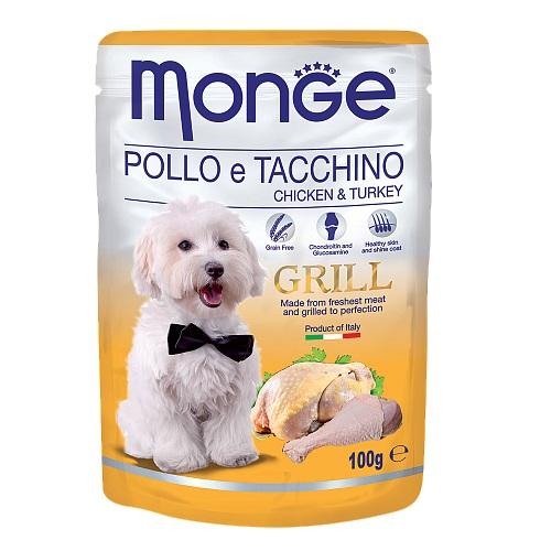 Влажный корм Monge Dog Grill для собак с курицей и индейкой, паучи 100 г