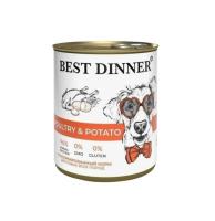 Best Dinner полнорационный консервированный корм д/щенков и взрослых собак "Птица с картофелем" 850г