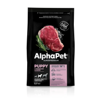 AlphaPet Superpremium 0,9кг с говядиной и рисом сухой для щенков, берем. и кормящих собак сред.пород