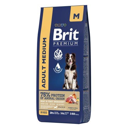 Брит Premium Dog Adult Medium с индейкой и телятиной д/взрослых собак средних пород (10–25 кг),15 кг