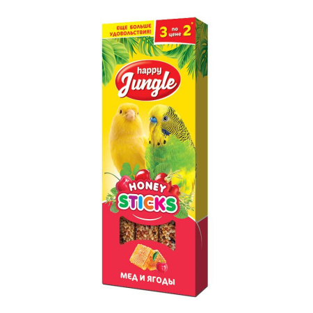 HAPPY JUNGLE палочки д/птиц мед и ягоды 3шт 90гр