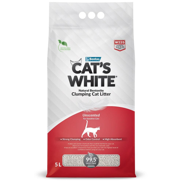 Cats White Natural комкующийся наполнитель натуральный без ароматизатора для кошачьего туалета 5л