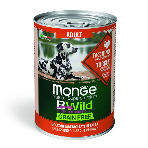 Monge Dog BWild Grainfree ADULT консервы из индейки с тыквой и кабачками д/собак всех пород 400г