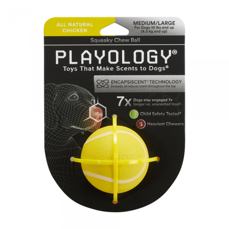 Playology жев.мяч SQUEAKY CHEW BALL 6 см д/собак мел. и сред.пор.с пищ. и с аром. курицы, желтый