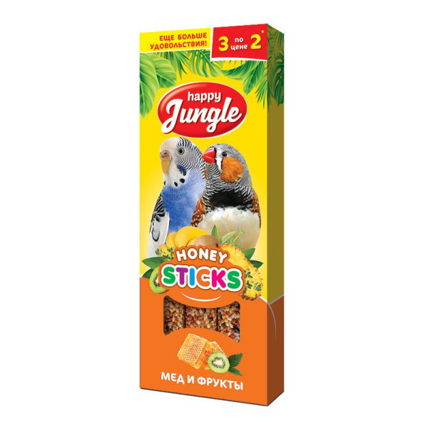 HAPPY JUNGLE палочки д/птиц мед и фрукты 3шт 90гр
