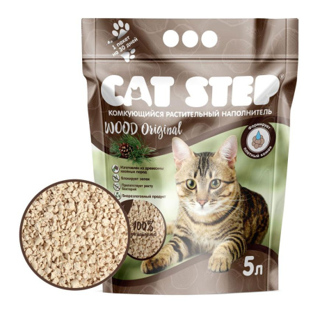 Наполнитель комкующийся растительный CAT STEP Wood Original, 5 л