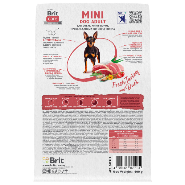 Брит Кеа Сухой корм MINI DOG ADULT.DELICIOUS TASTE с индейкой и уткой д/приверед, 0,4 кг, 6010780