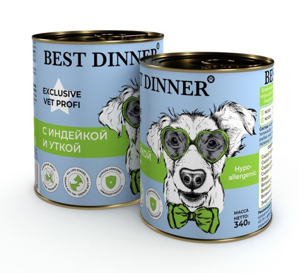 Консервы Best Dinner Exclusive Hypoallergenic "С индейкой и уткой" для собак - 0,34 кг