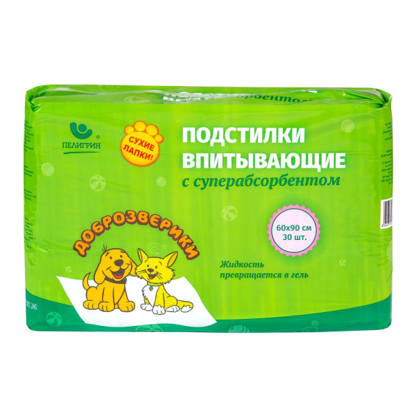 Доброзверики подстилки впитывающие для животных с суперабсорбентом 60х90 см, 30 шт Сухие лапки"