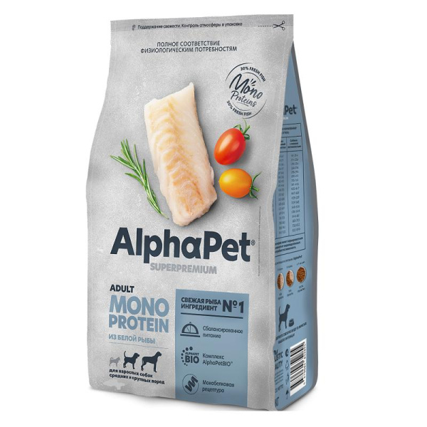 AlphaPet MONOProtein сухой корм для собак средних и крупных пород из белой рыбы 12кг.