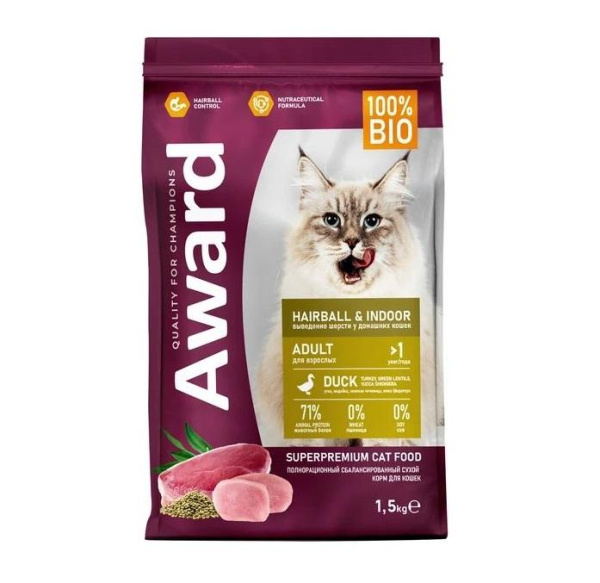 AWARD Hairball & Indoor д/кошек для выведения шерсти утка/индейка/чечевица и Юкки Шидигера 1,5кг