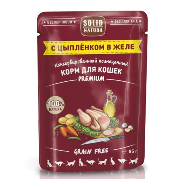 Solid Natura Premium кусочки в желе с цыпленком влажный корм для кошек пауч 0,085 кг
