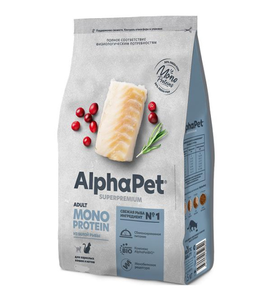 AlphaPet MONOProtein сухой корм для кошек из белой рыбы, 400гр