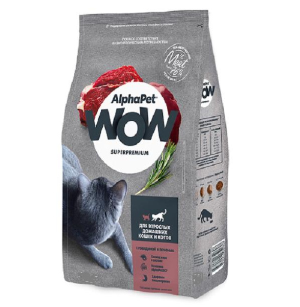 AlphaPet WOW сухой корм для домашних кошек и котов с говядиной и печенью 1,5 кг.