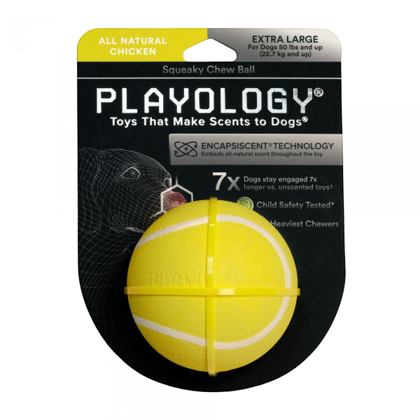Playology жевательный мяч SQUEAKY CHEW BALL 8 см для собак с пищалкой и с ароматом курицы, желтый