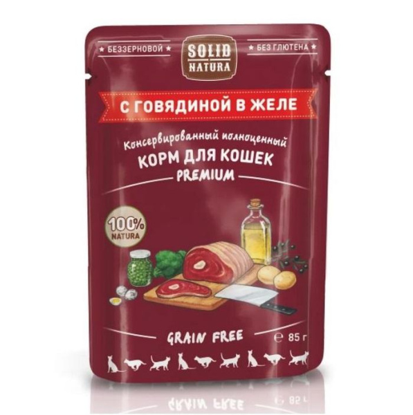 Solid Natura Premium кусочки в желе с говядиной влажный корм для кошек пауч 0,085 кг
