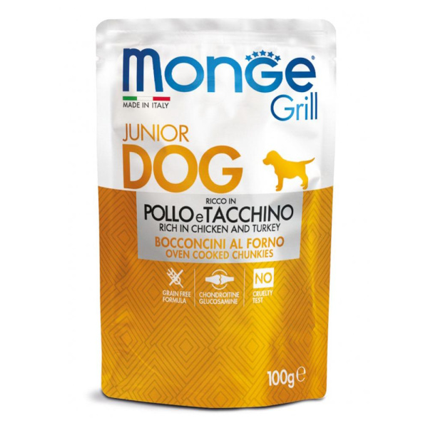 Влажный корм Monge Dog Grill Puppy&Junior для щенков с курицей и индейкой, паучи 100 г