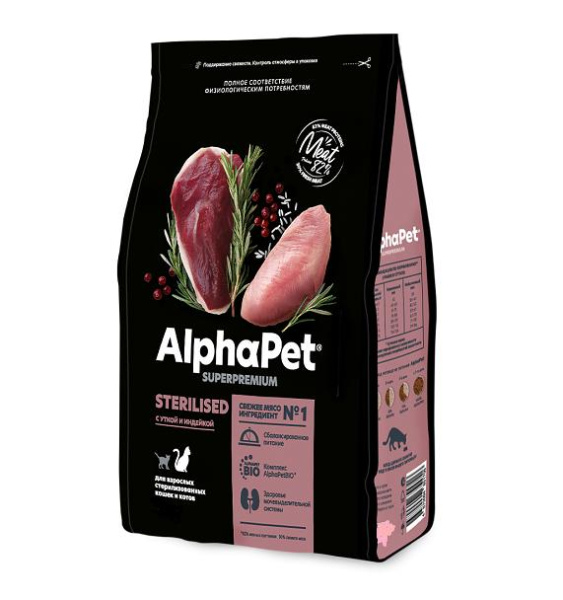 AlphaPet Superpremium сухой корм для стерилизованных кошек и котов с уткой и индейкой 400гр.