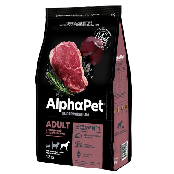 AlphaPet Superpremium сухой корм для собак крупных пород с говядиной и потрошками 12кг.