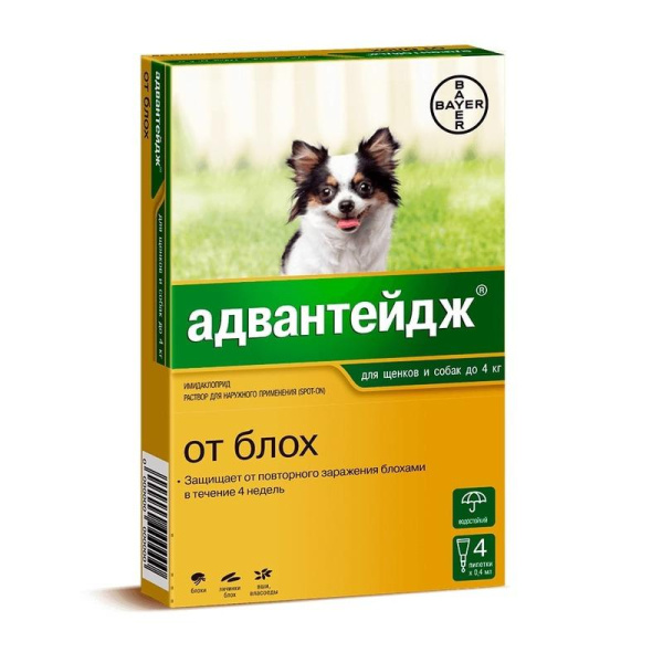 АДВАНТЕЙДЖ капли п/б д/собак до 4кг инсектицидные 1 пипетка (1*4)