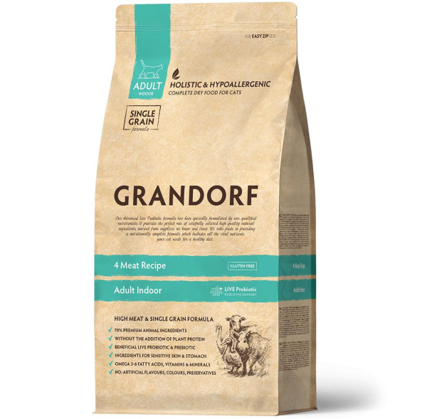 GRANDORF CAT 4 Meat PROBIOTIC INDOOR Четыре вида мяса для домашних кошек 2кг