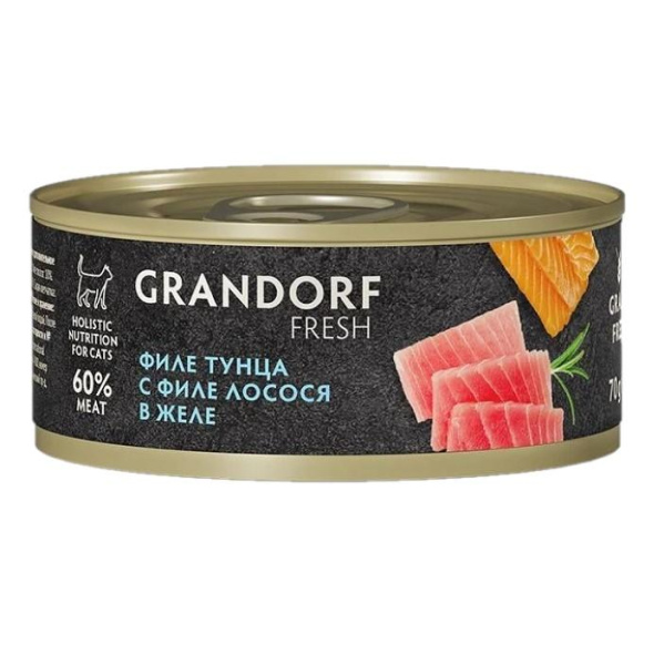 Grandorf FRESH консервы д/кош.Филе тунца с филе лосося в желе 70г