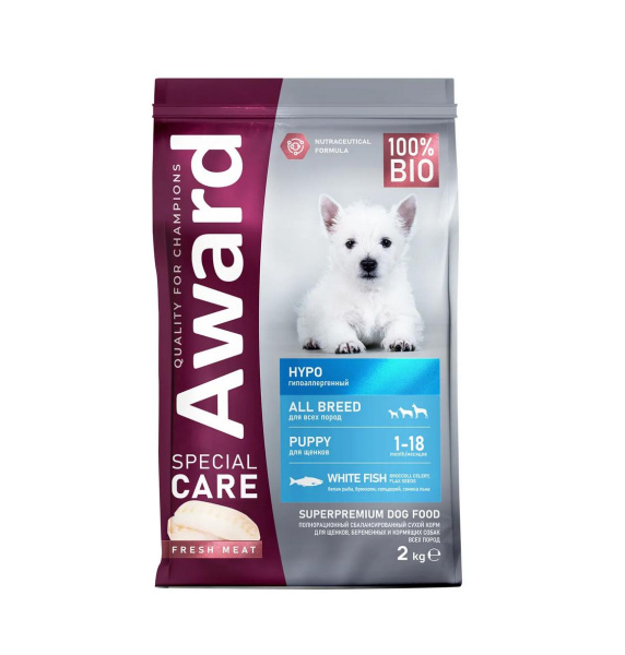 AWARD SPECIAL CARE HYPO PUPPY со свеж.белой рыбой д/щенков, бер.и кор.собак, склонных к аллергии 2кг