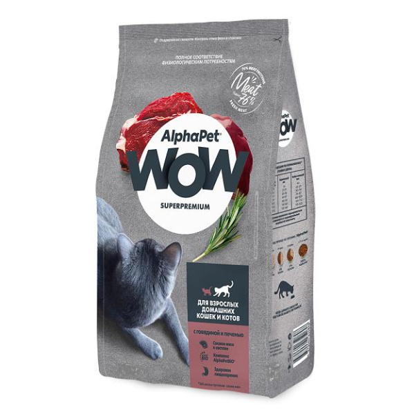 AlphaPet WOW сухой корм для домашних кошек и котов с говядиной и печенью 750гр.