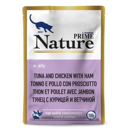 PRIME NATURE пауч 100гр в желе Тунец с курицей и ветчиной д/кошек
