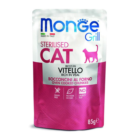 Влажный корм Monge Cat Grill для стерилизованных кошек, с телятиной, паучи 85 г