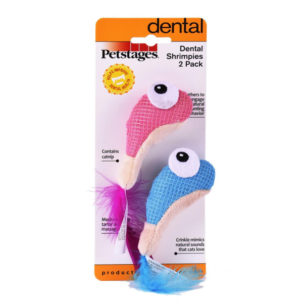 Petstages игрушка для кошек Dental "Креветки" 2 шт. с кошачьей мятой, 7 см