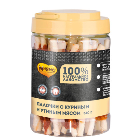 МНЯМС Лакомство д/собак палочки с куриным и утиным мясом 340г