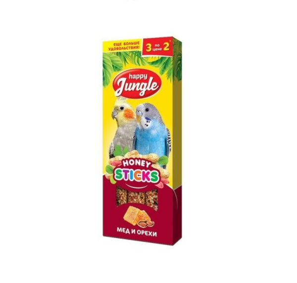 HAPPY JUNGLE Палочки д/птиц мед и орехи 3 шт 90 гр