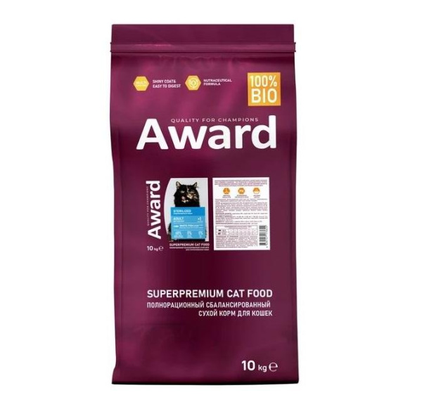 AWARD Sterilized д/взрослых стерил.кошек с белой рыбой с добавлением семян льна,клюквы/цикория 10кг