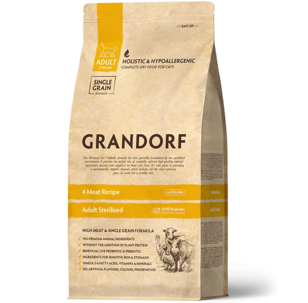 GRANDORF CAT 4 Meat PROBIOTIC STERILISED Четыре вида мяса для стерилизованных кошек 8 кг