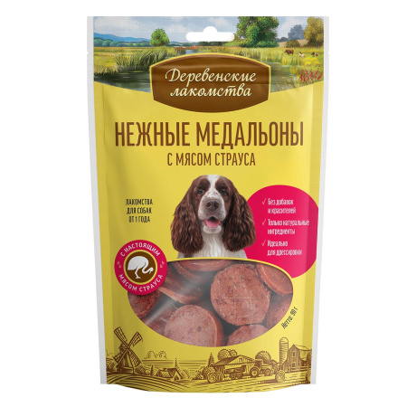 Нежные медальоны для собак с мясом страуса 90г ДЕРЕВЕНСКИЕ ЛАКОМСТВА