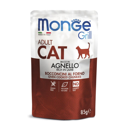 Влажный корм Monge Cat Grill для взрослых кошек, из новозеландского ягненка, паучи 85 г
