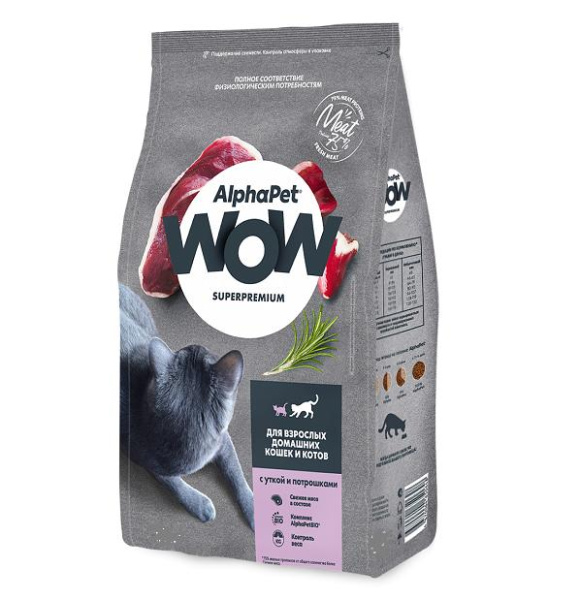 AlphaPet WOW сухой корм для домашних кошек с уткой и потрошками 350гр.