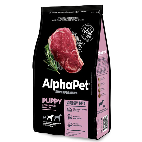 AlphaPet Superpremium сухой корм д/щенков средних пород говядина/рис 7кг